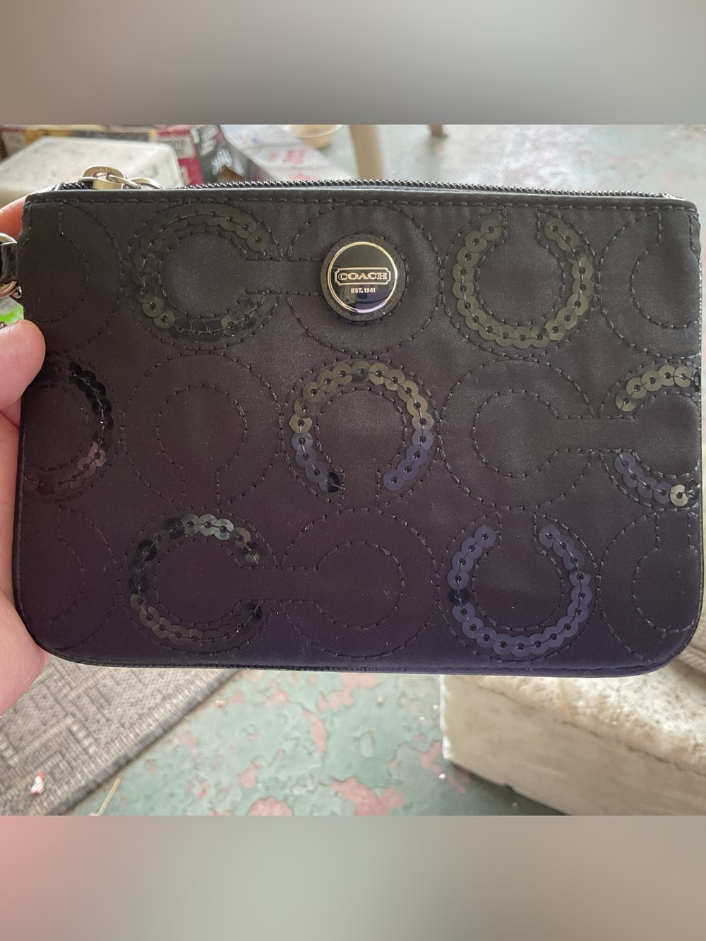 Coach Black Sequin Signature Wristlet Pouch